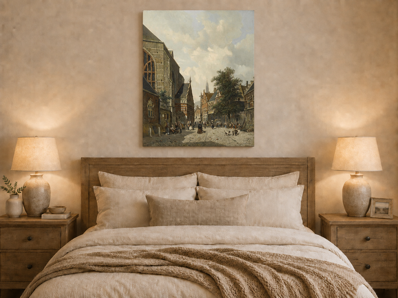 Charming town square with church and figures oil painting displayed as landscape wall decor.