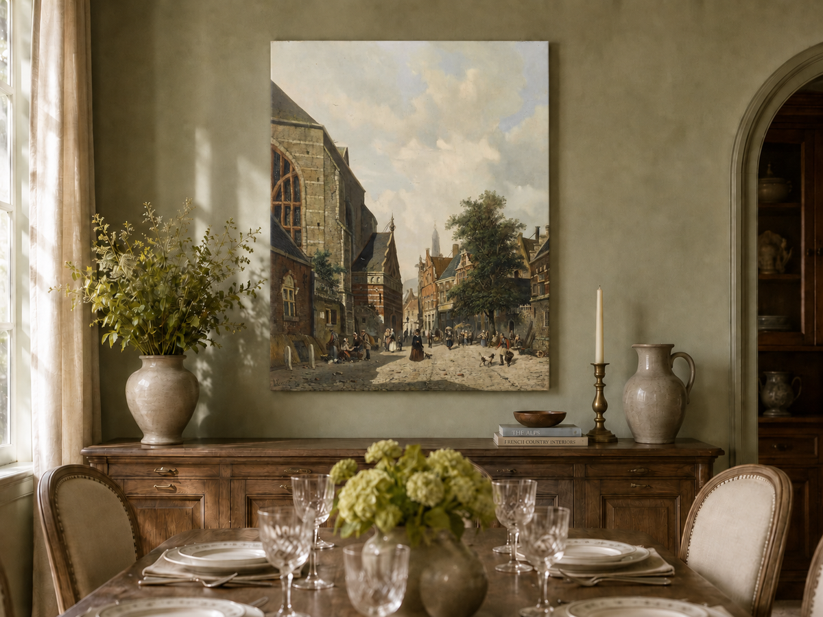 Hand-painted charming town square with church and figures landscape artwork in an interior display.