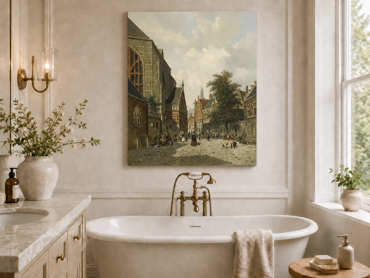 Charming town square with church and figures landscape oil painting presented as styled home decor.