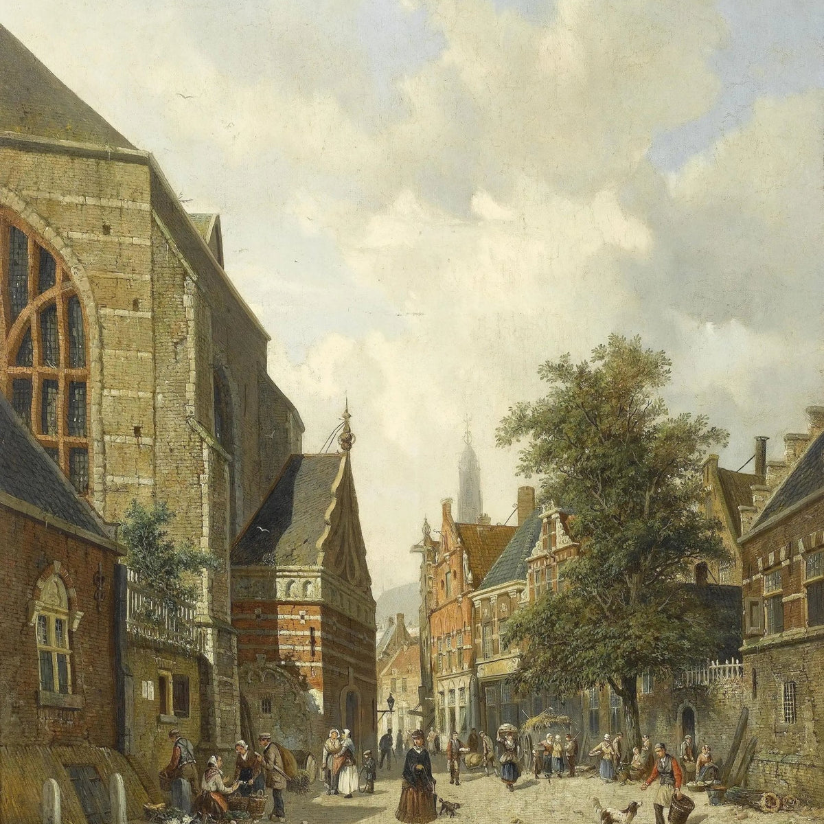 Landscape Oil Painting - Charming Town Square Scene with Church & Figures Wall Art - Oil Painting Haven