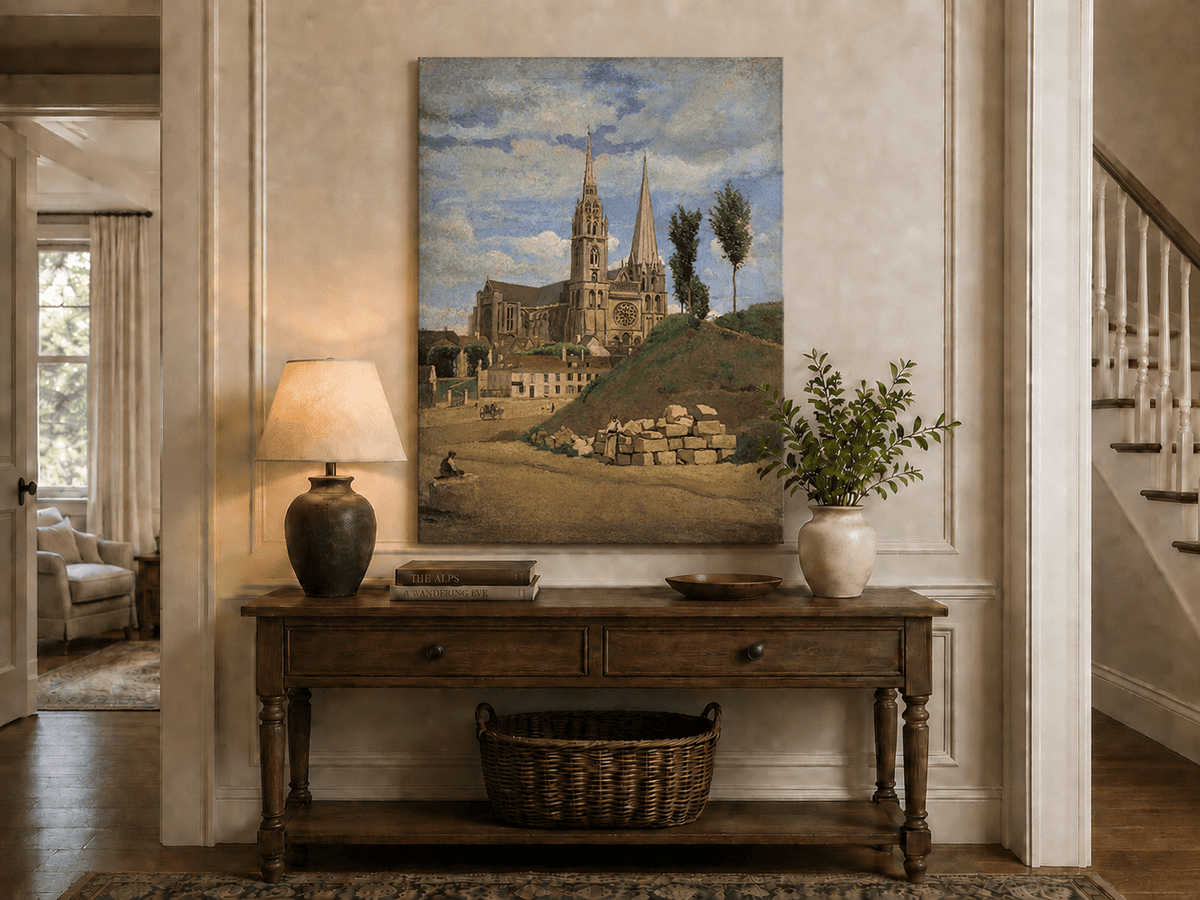 Landscape Oil Painting - Chartres Cathedral with Village View