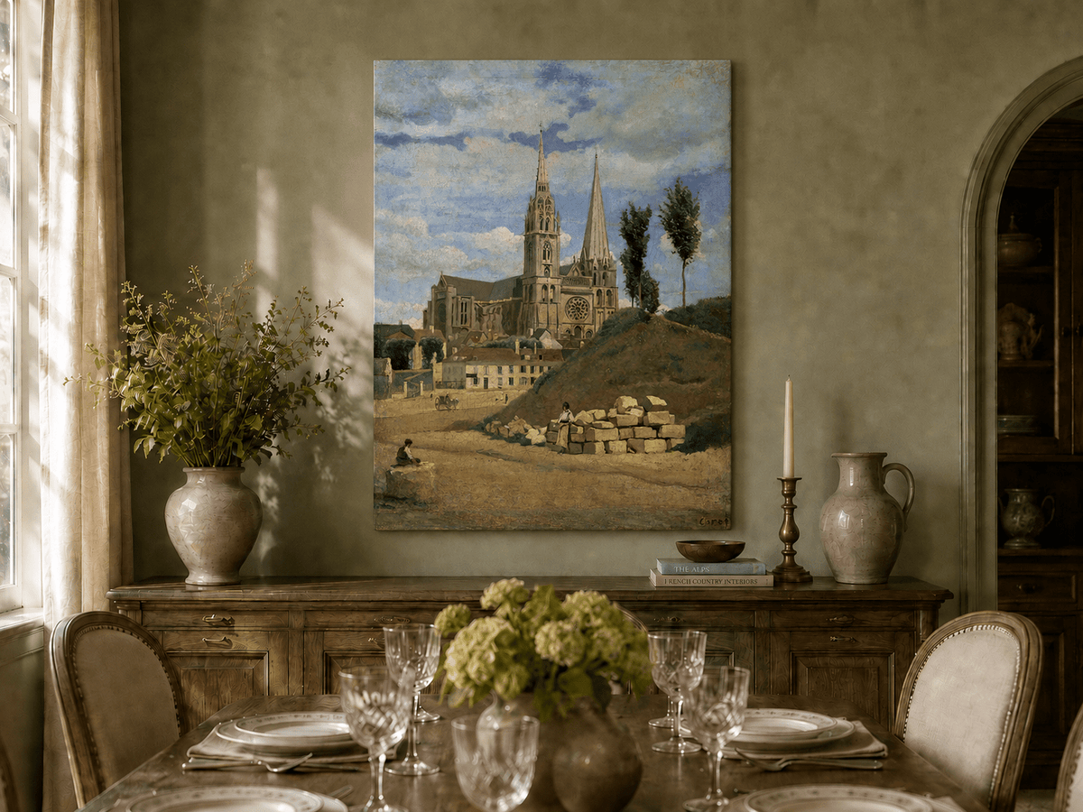 Landscape Oil Painting - Chartres Cathedral with Village View