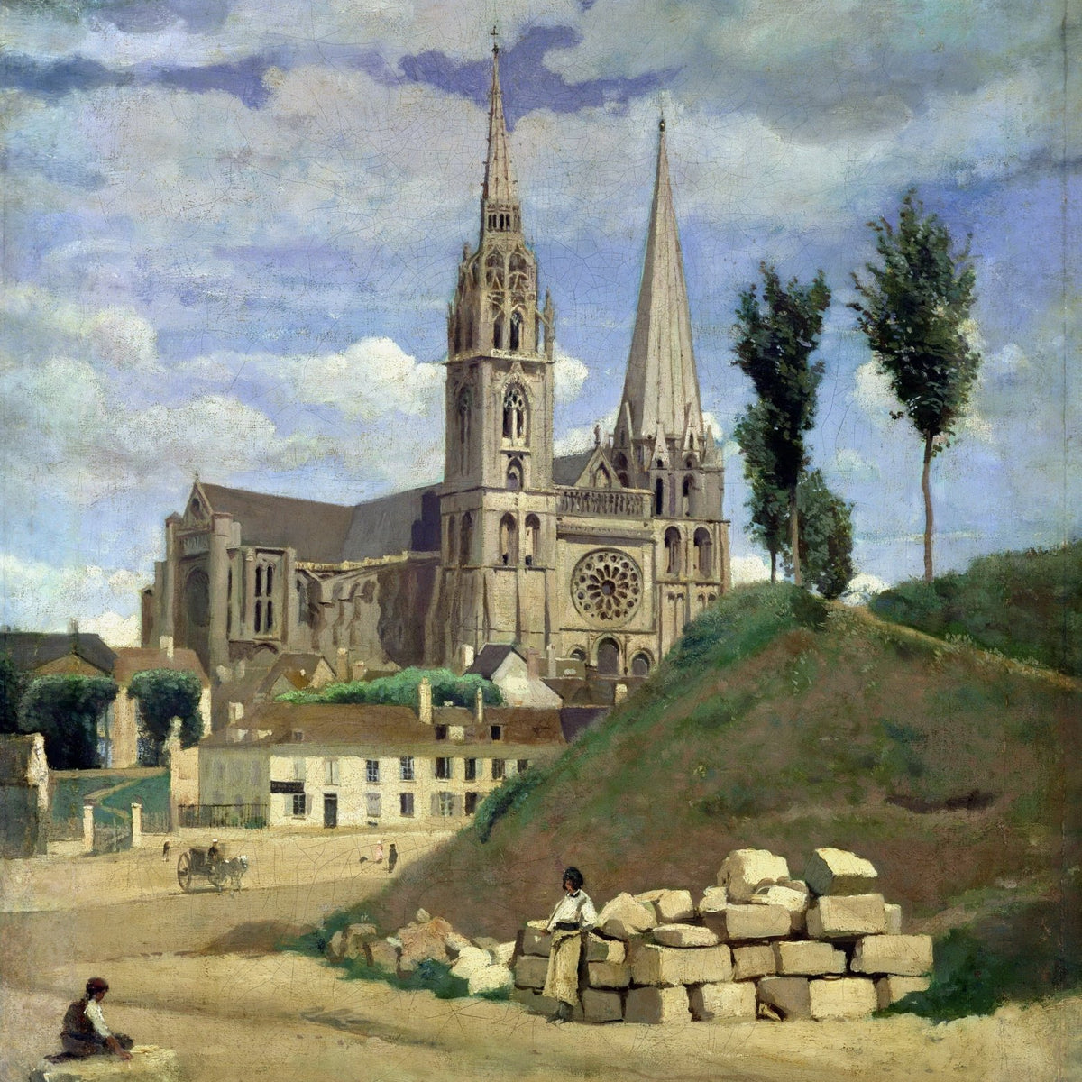 Hand painted landscape oil painting of Chartres Cathedral with village, textured oil on canvas, detailed brushwork and muted . - Add Frame, Architecture, Canvas, Church, Figure, Hand Painted, Landscape, Made To Order, Oil Painting, Village
