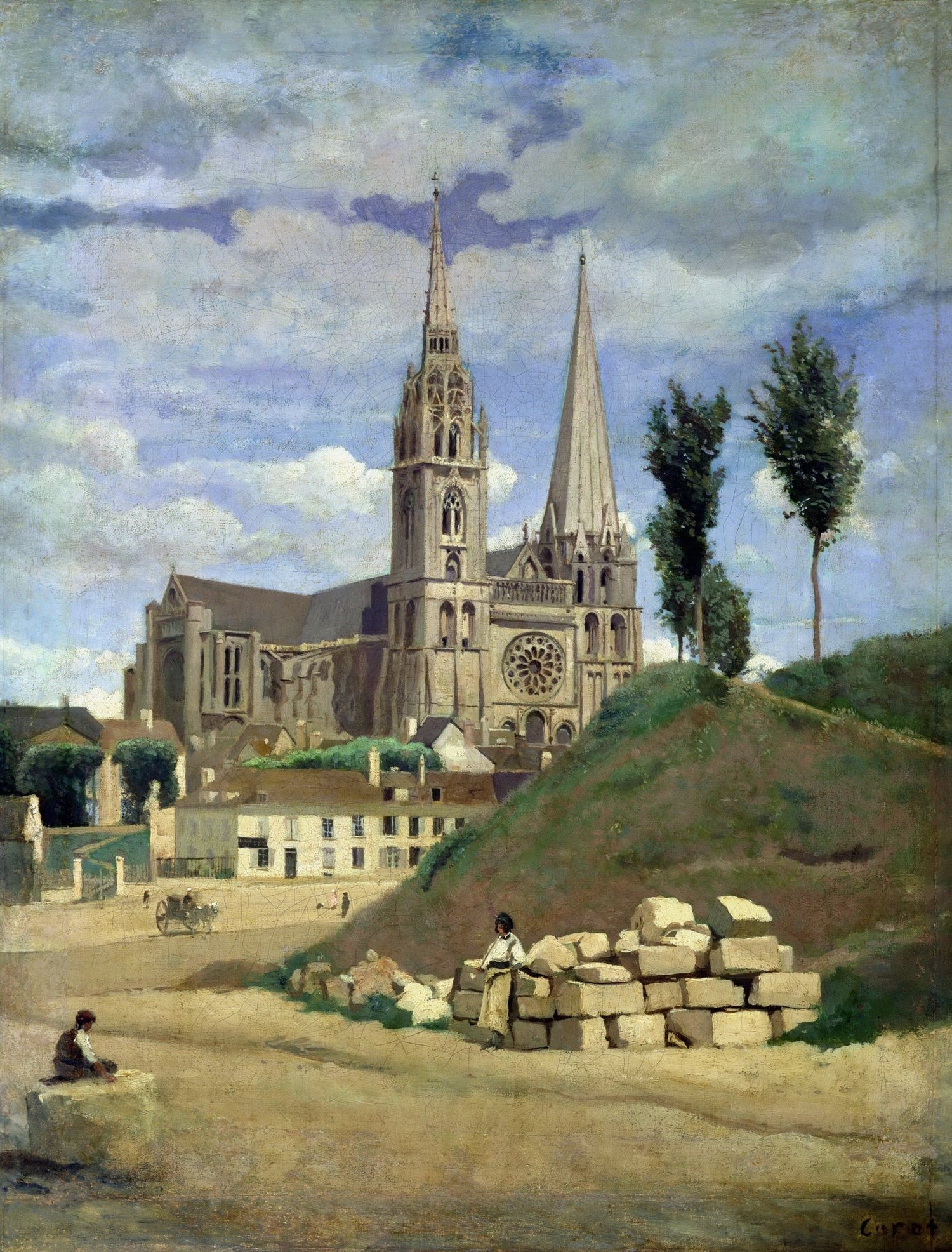Hand painted landscape oil painting of Chartres Cathedral with village, textured oil on canvas, detailed brushwork and muted . - Add Frame, Architecture, Canvas, Church, Figure, Hand Painted, Landscape, Made To Order, Oil Painting, Village