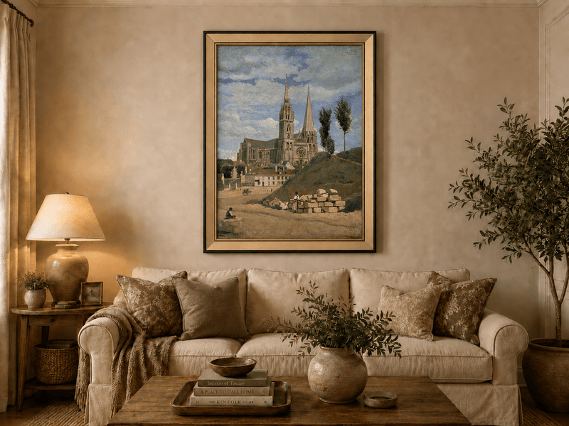 Landscape Oil Painting - Chartres Cathedral with Village View