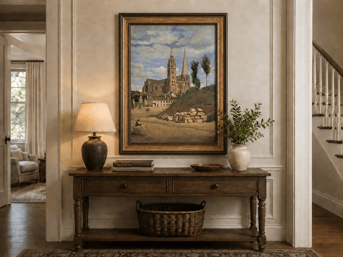 Landscape Oil Painting - Chartres Cathedral with Village View