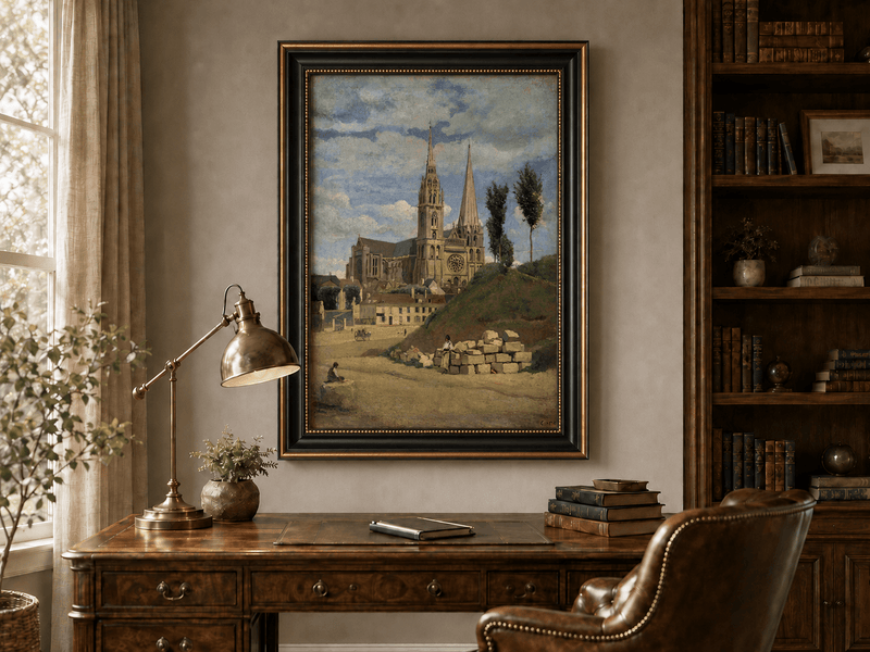 Landscape Oil Painting - Chartres Cathedral with Village View