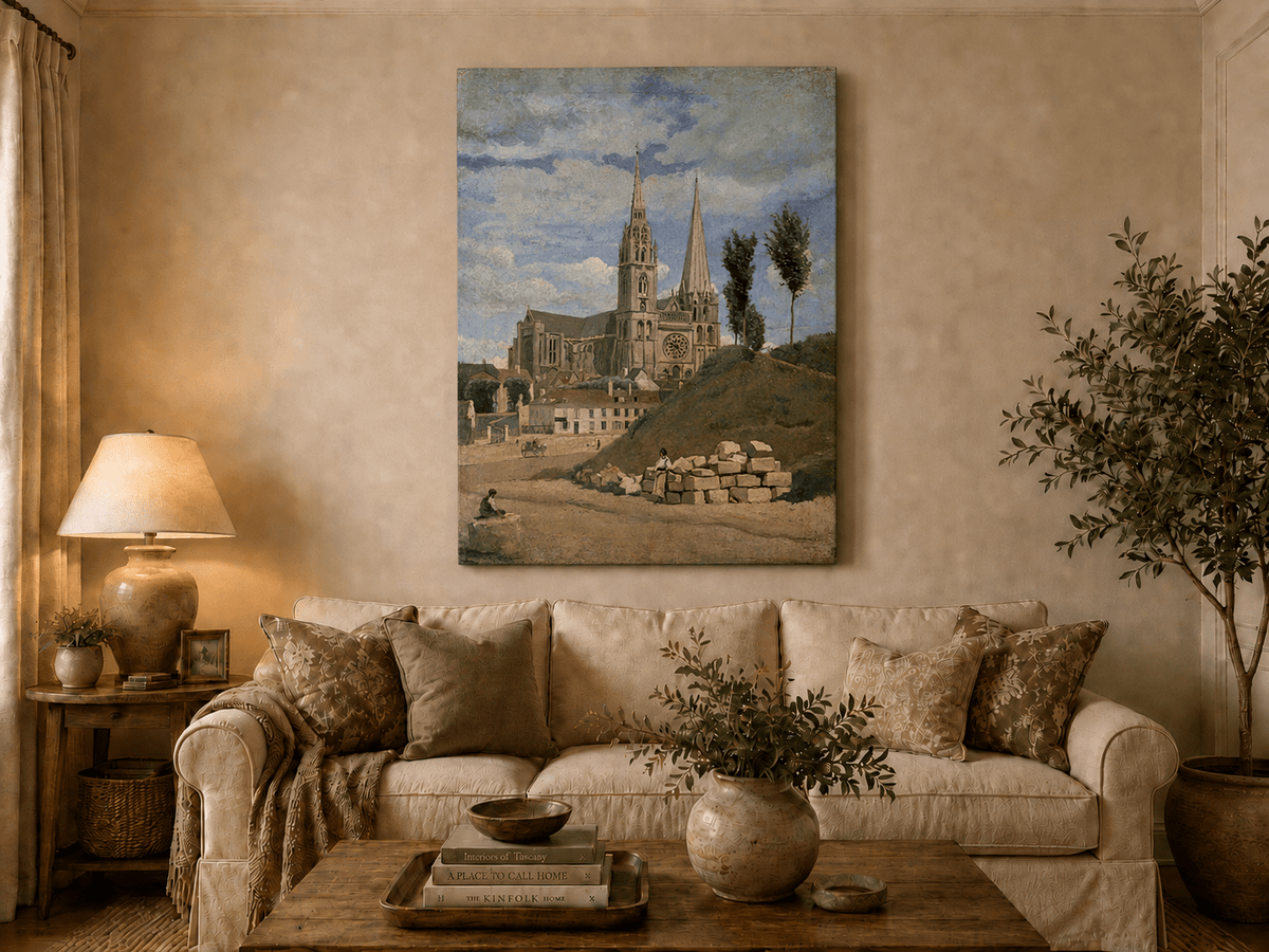 Landscape Oil Painting - Chartres Cathedral with Village View
