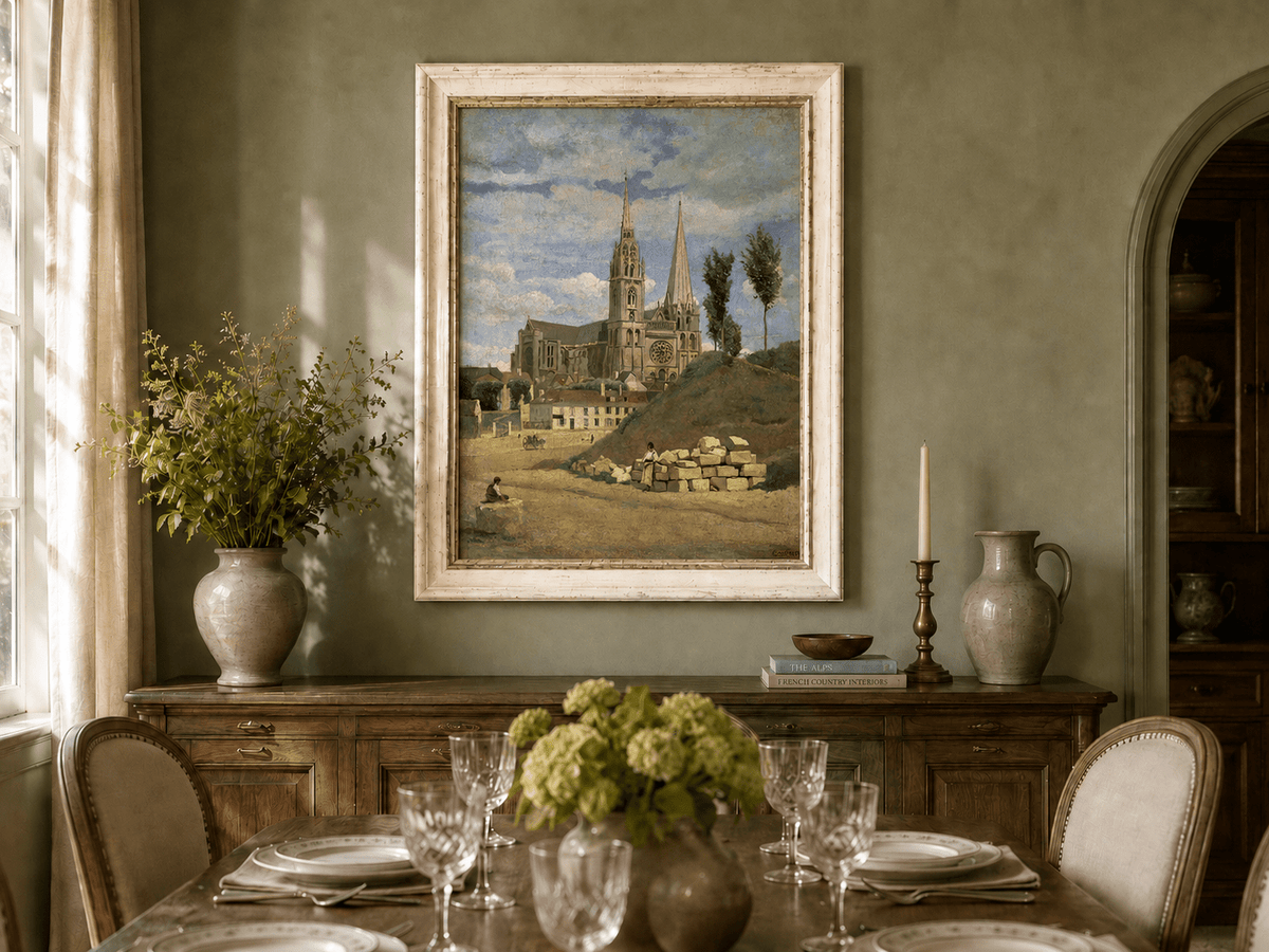 Landscape Oil Painting - Chartres Cathedral with Village View