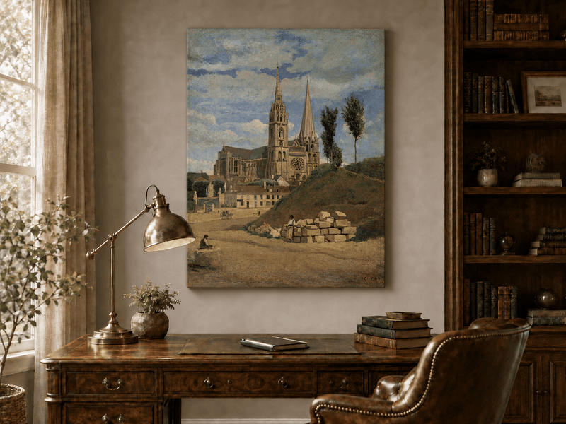 Landscape Oil Painting - Chartres Cathedral with Village View