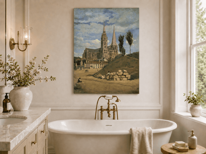 Landscape Oil Painting - Chartres Cathedral with Village View