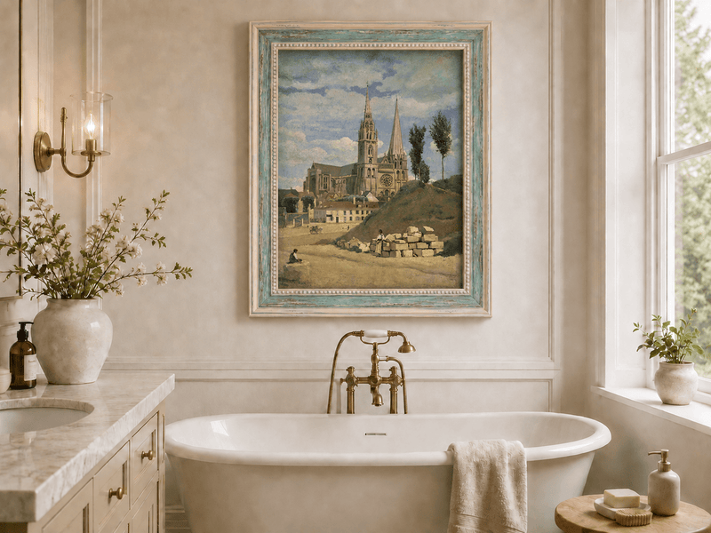 Landscape Oil Painting - Chartres Cathedral with Village View