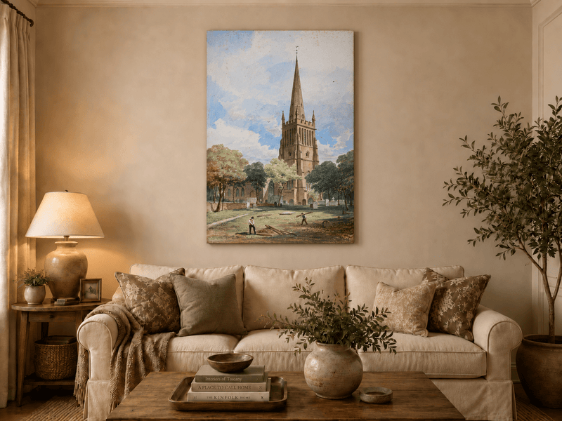Peinture à l'huile de paysage - Rivière printanière avec pêcheur et arbres