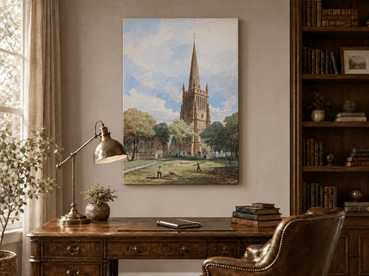 Peinture à l'huile de paysage - Rivière printanière avec pêcheur et arbres