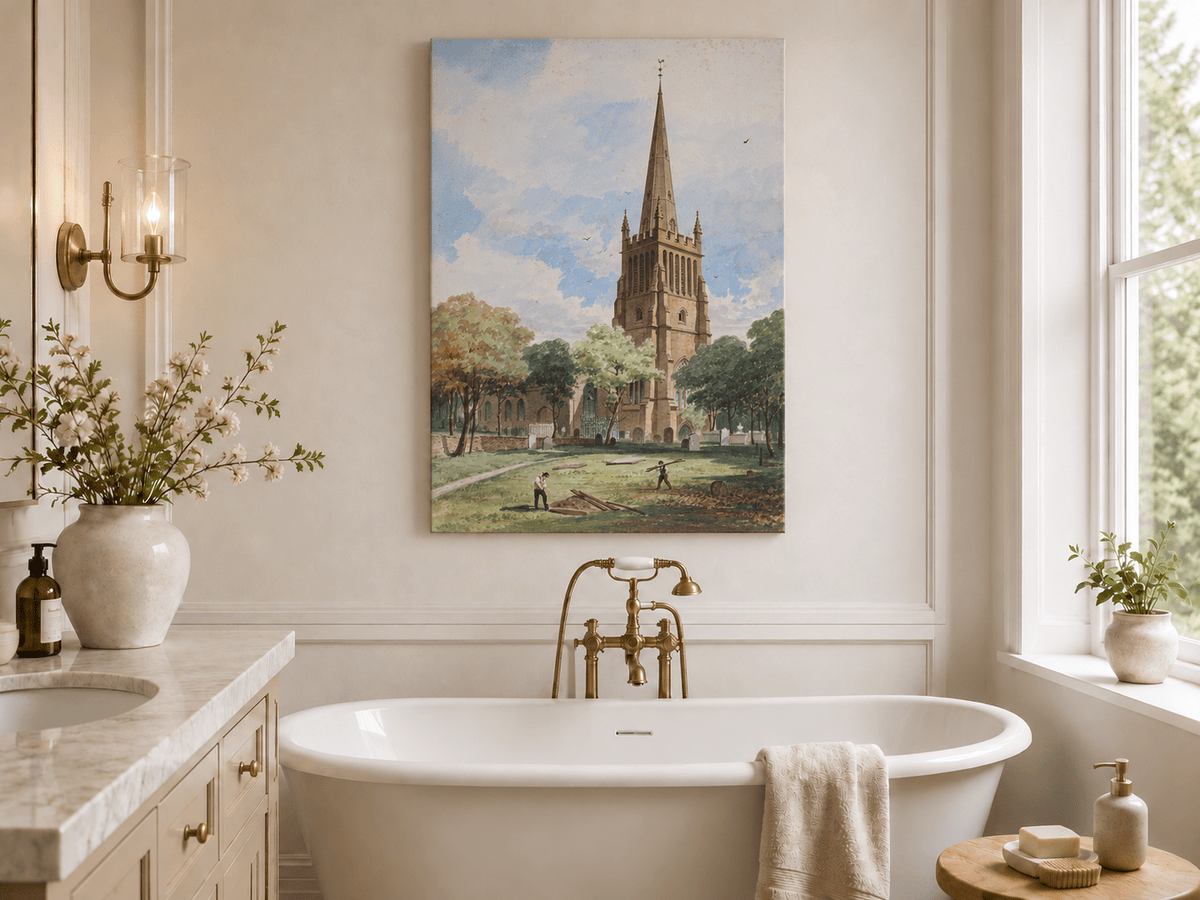 Peinture à l'huile de paysage - Rivière printanière avec pêcheur et arbres