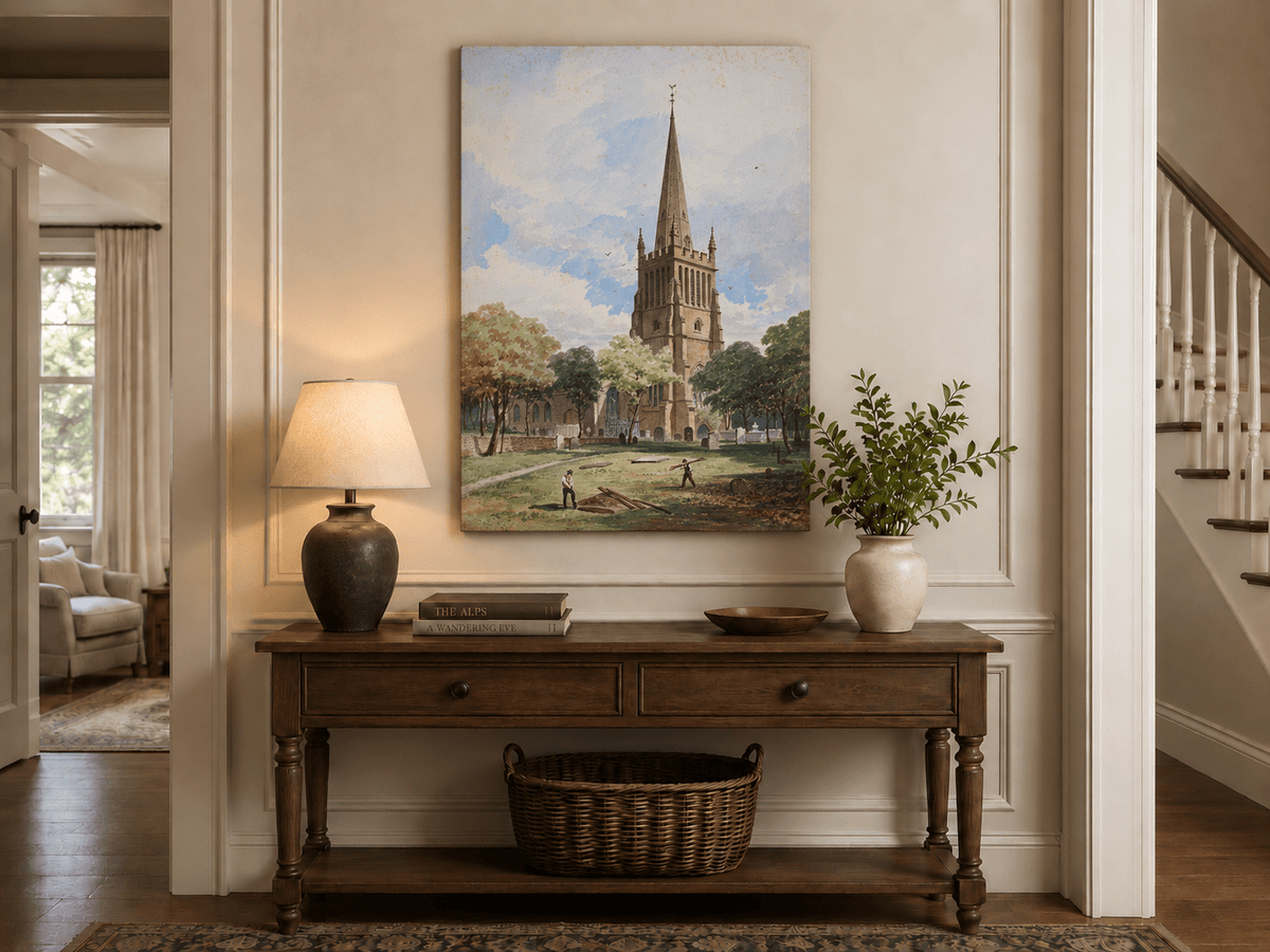 Peinture à l'huile de paysage - Rivière printanière avec pêcheur et arbres