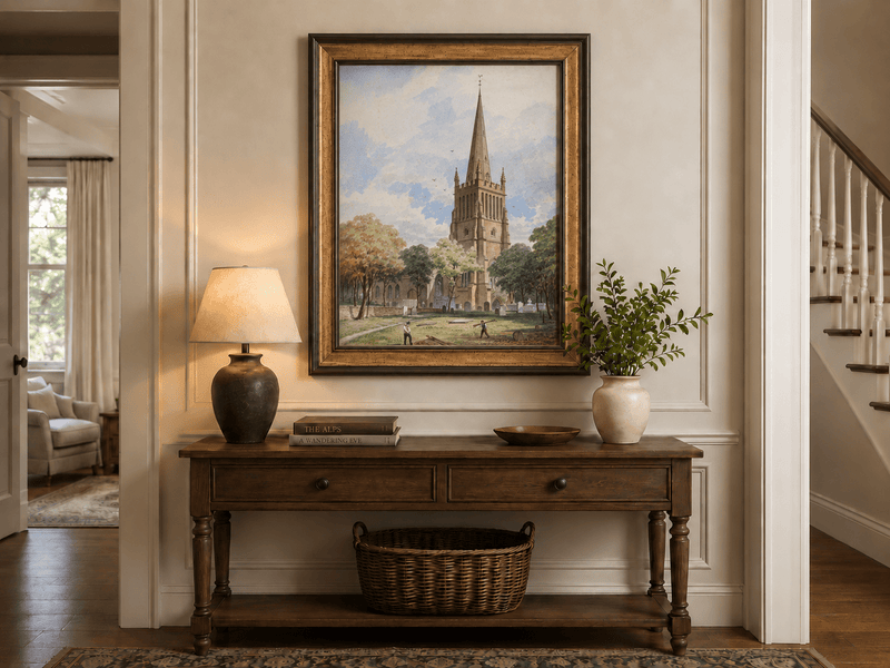 Peinture à l'huile de paysage - Rivière printanière avec pêcheur et arbres