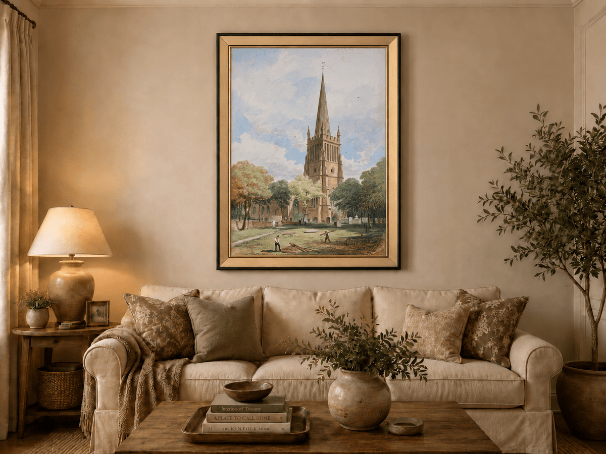 Peinture à l'huile de paysage - Rivière printanière avec pêcheur et arbres