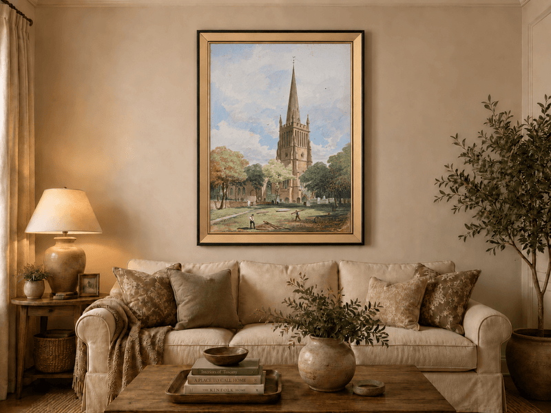 Peinture à l'huile de paysage - Rivière printanière avec pêcheur et arbres