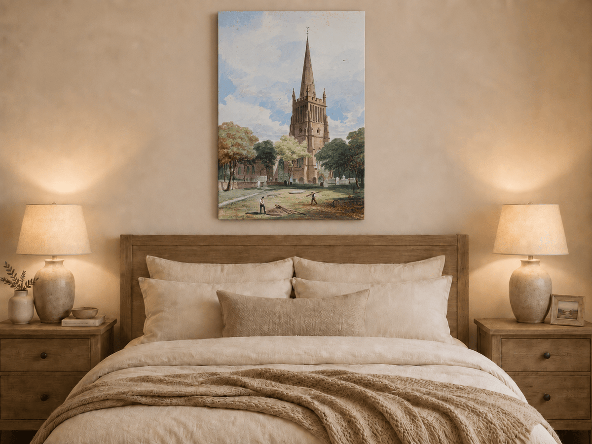 Peinture à l'huile de paysage - Rivière printanière avec pêcheur et arbres