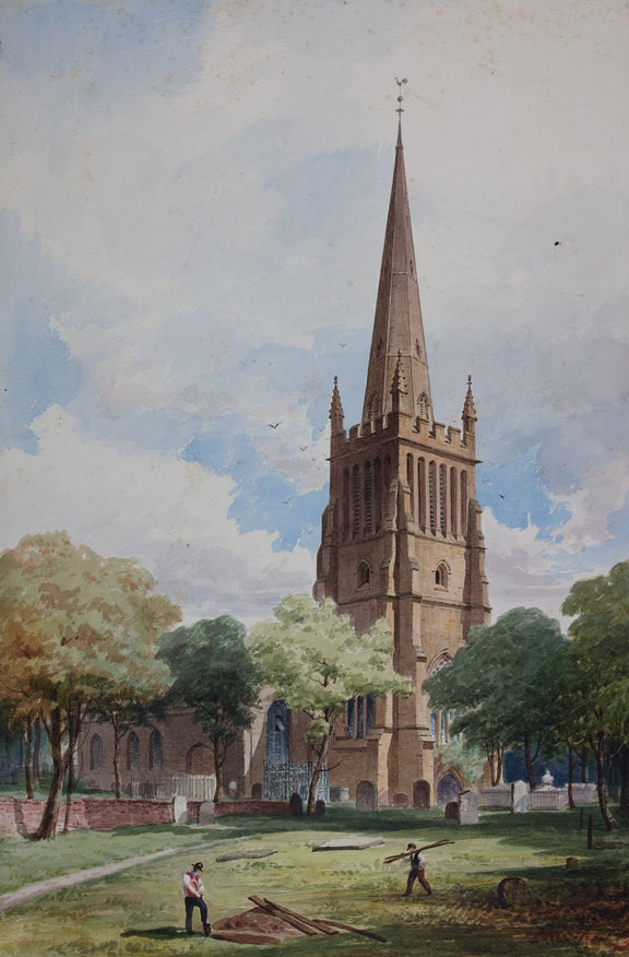 Hand-painted church spire in a quiet park landscape oil painting on canvas