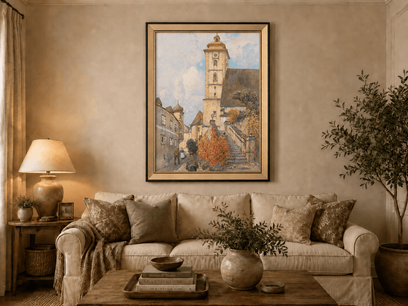 Peinture à l'huile de paysage - Rivière printanière avec pêcheur et arbres