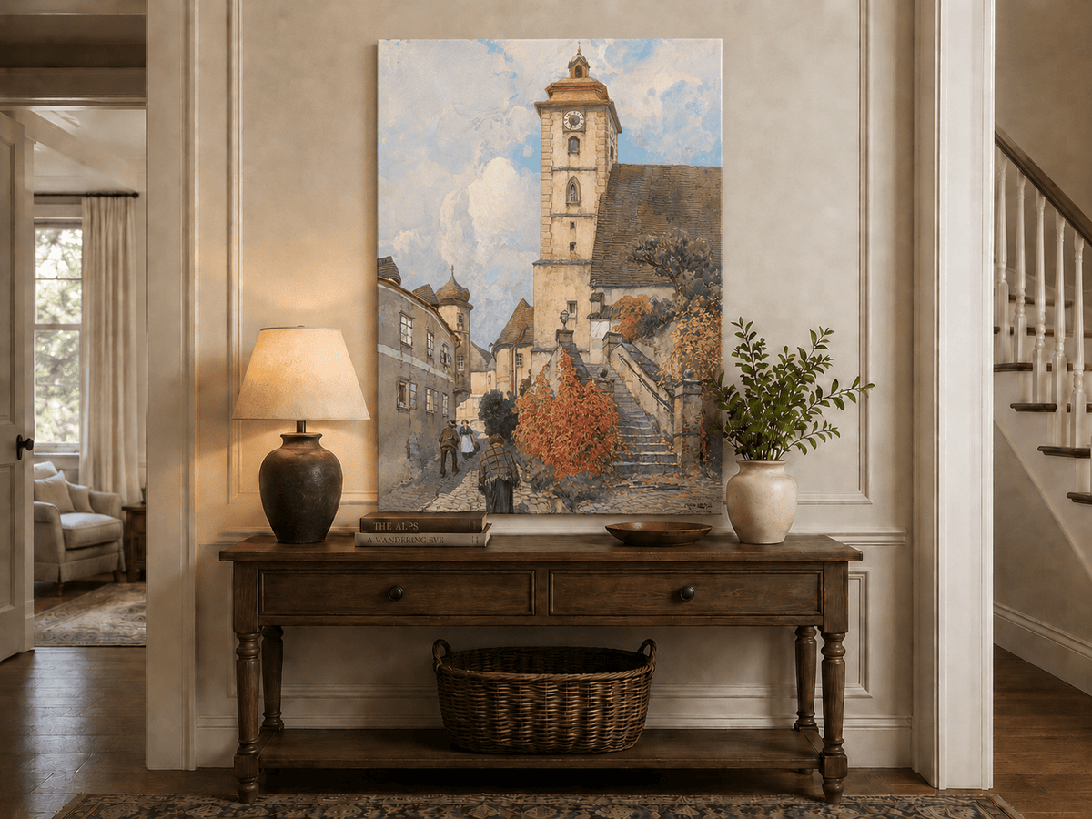 Peinture à l'huile de paysage - Rivière printanière avec pêcheur et arbres