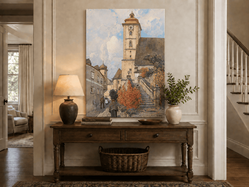 Peinture à l'huile de paysage - Rivière printanière avec pêcheur et arbres