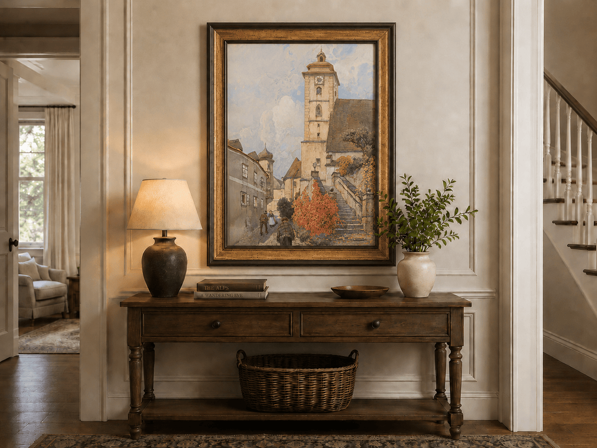 Peinture à l'huile de paysage - Rivière printanière avec pêcheur et arbres