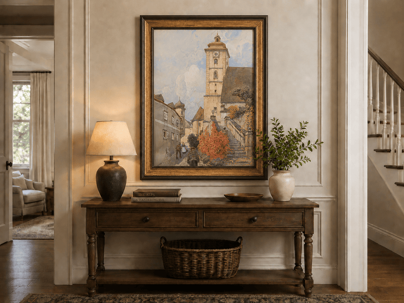 Peinture à l'huile de paysage - Rivière printanière avec pêcheur et arbres