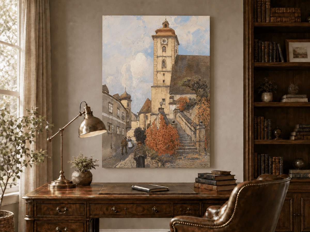 Peinture à l'huile de paysage - Rivière printanière avec pêcheur et arbres
