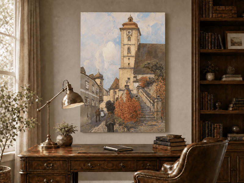 Peinture à l'huile de paysage - Rivière printanière avec pêcheur et arbres