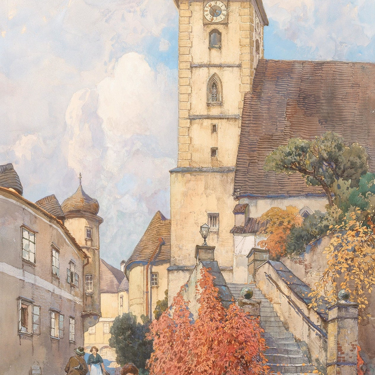 Landscape Oil Painting - Church Tower and Autumn Village Steps - Oil Painting Haven