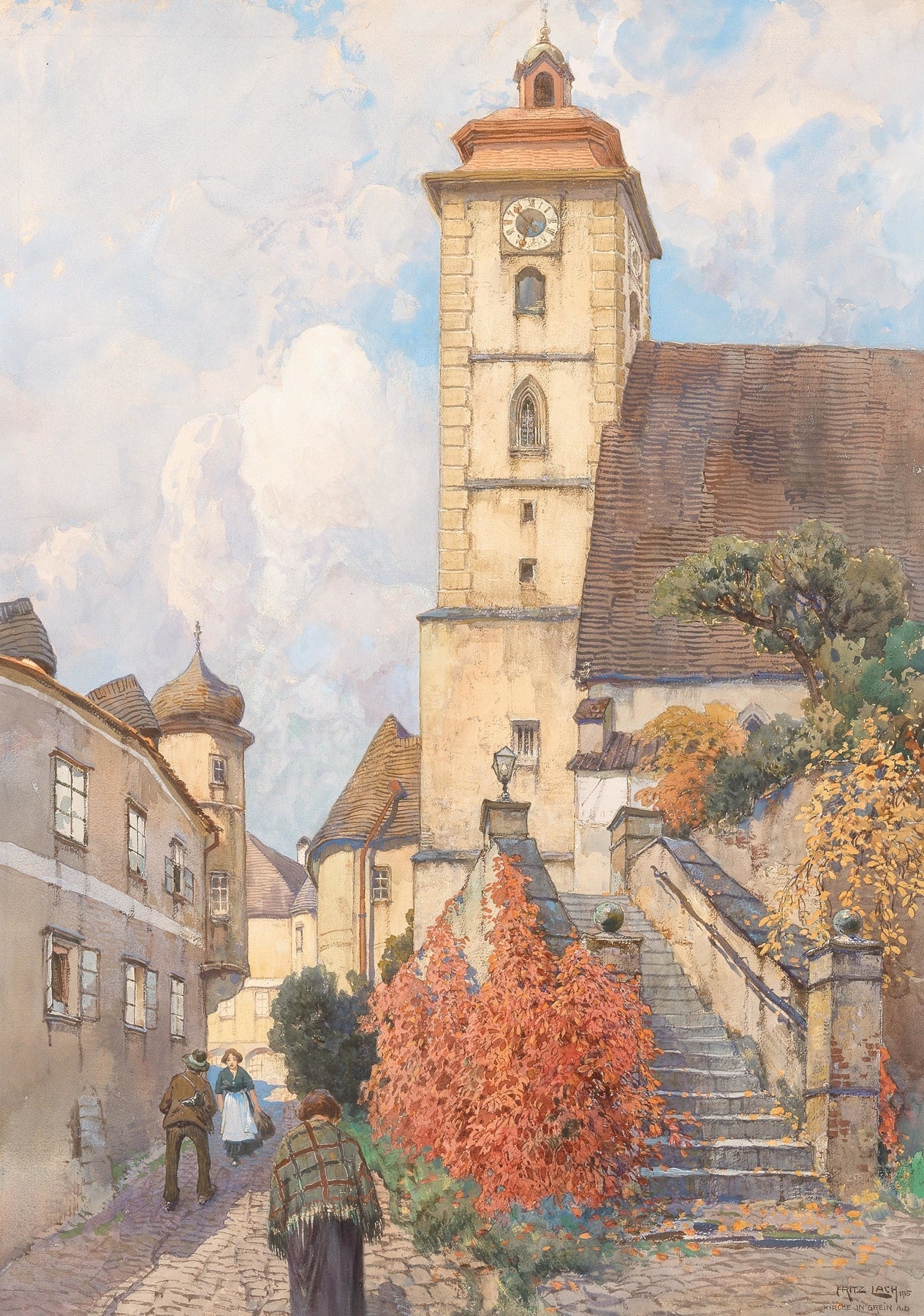 Landscape Oil Painting - Church Tower and Autumn Village Steps - Oil Painting Haven