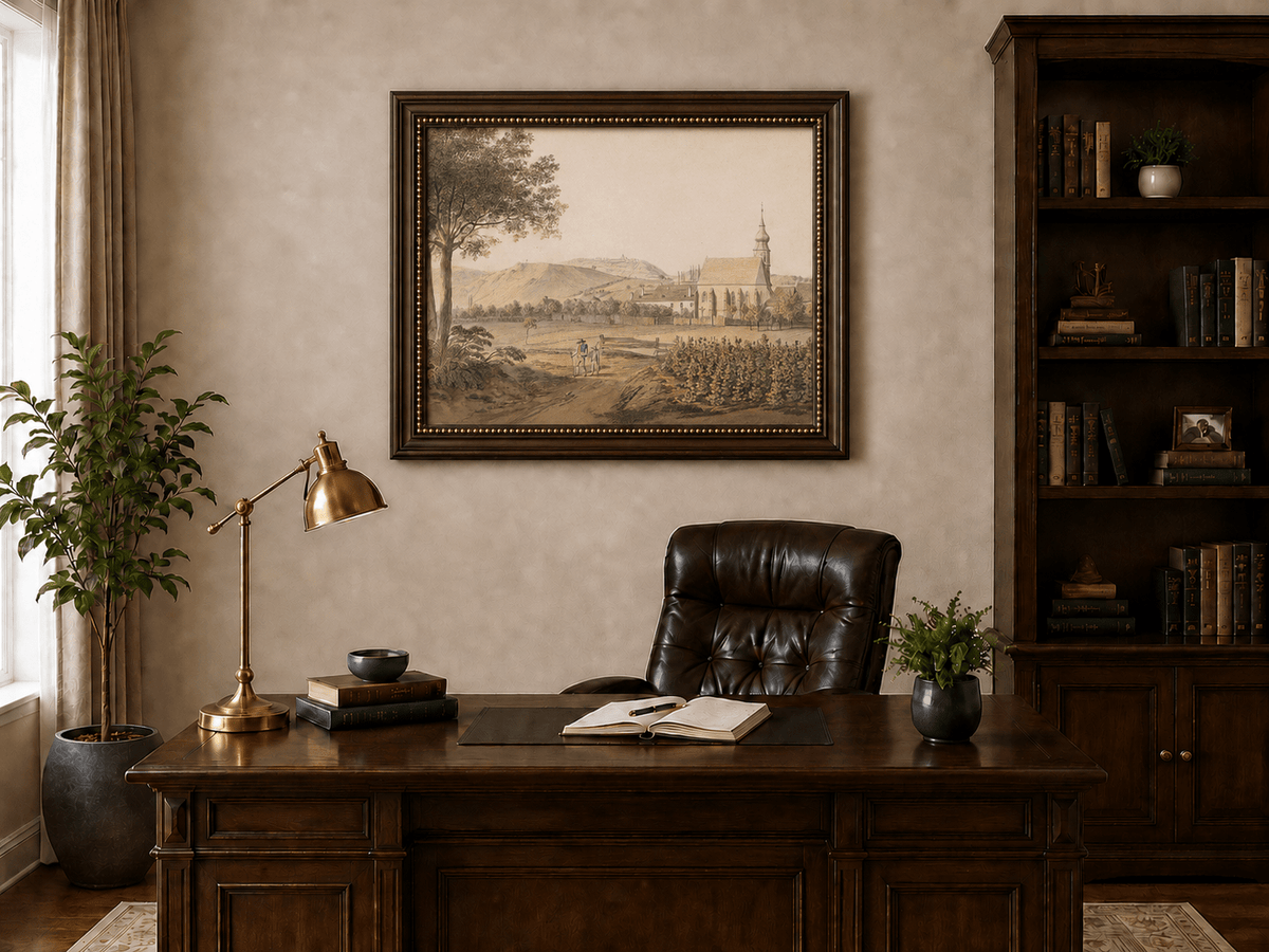Landscape Oil Painting - Church Village and Vineyard Scene