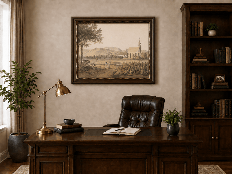 Landscape Oil Painting - Church Village and Vineyard Scene