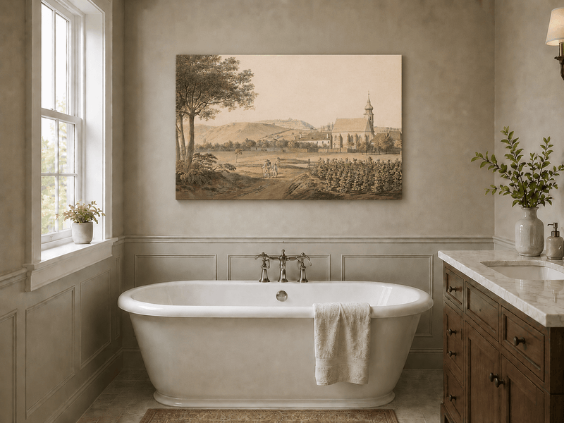 Landscape Oil Painting - Church Village and Vineyard Scene