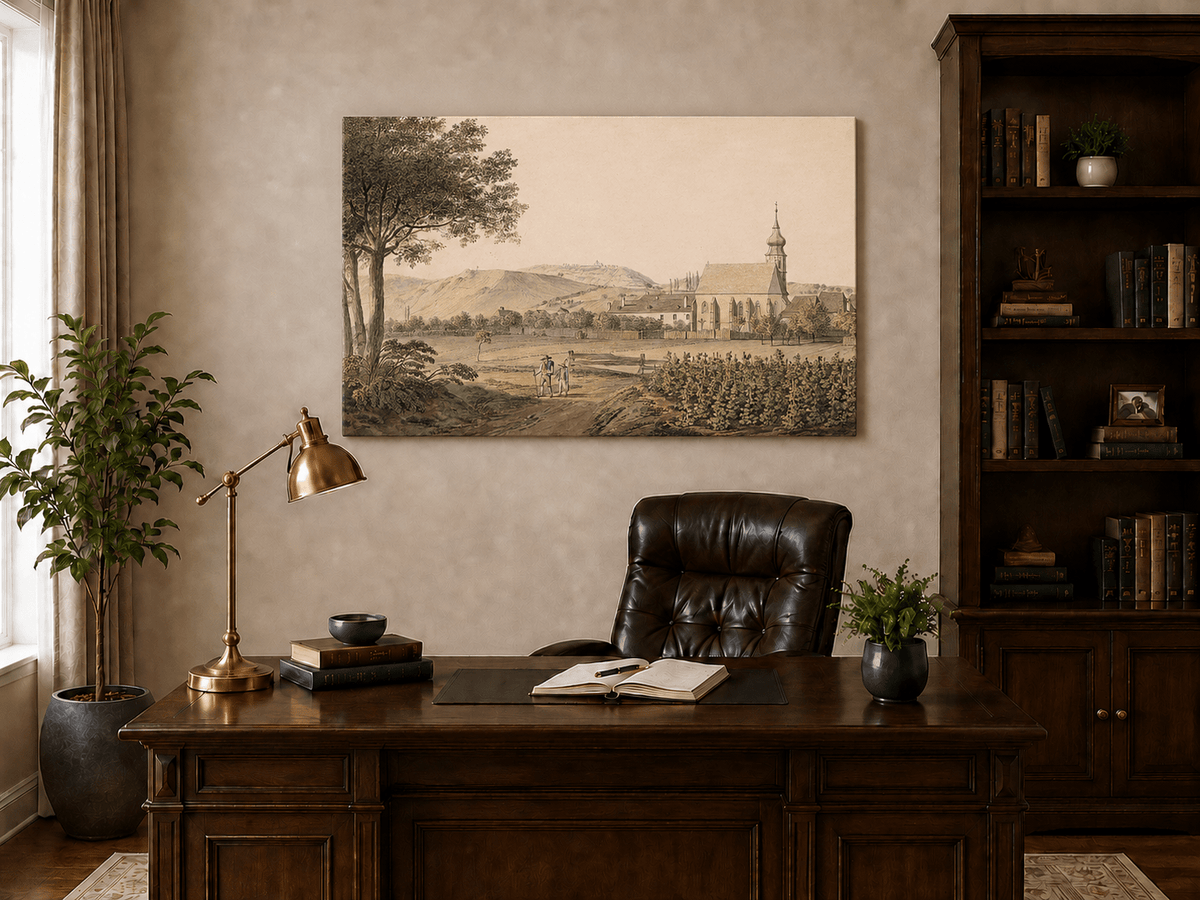 Landscape Oil Painting - Church Village and Vineyard Scene