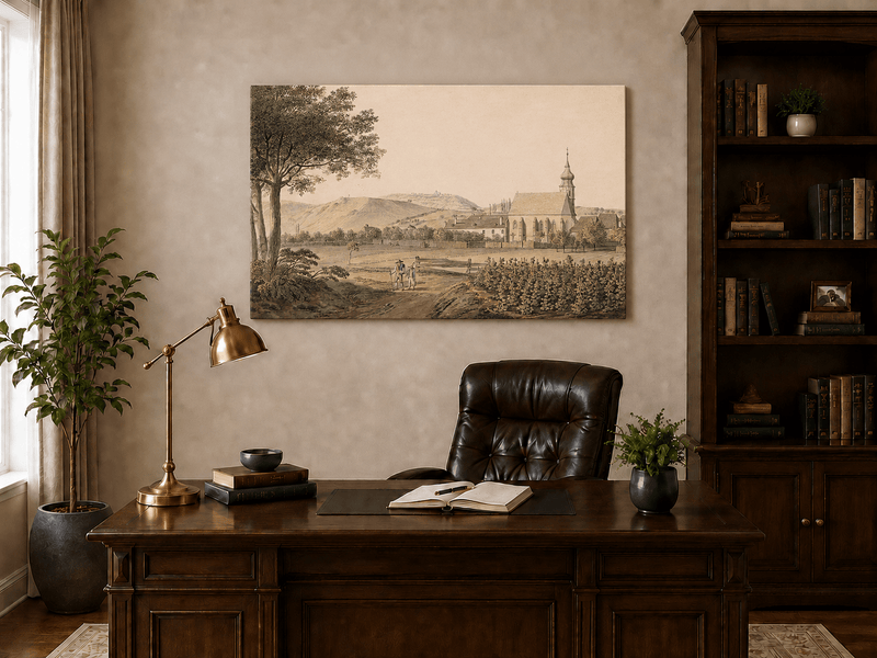 Landscape Oil Painting - Church Village and Vineyard Scene