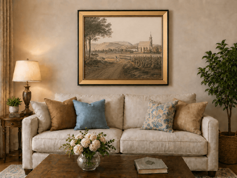 Landscape Oil Painting - Church Village and Vineyard Scene