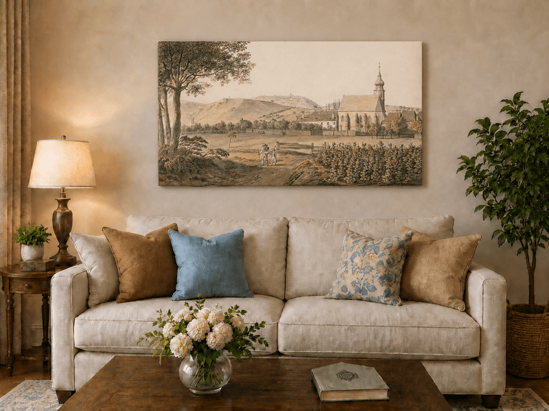 Landscape Oil Painting - Church Village and Vineyard Scene
