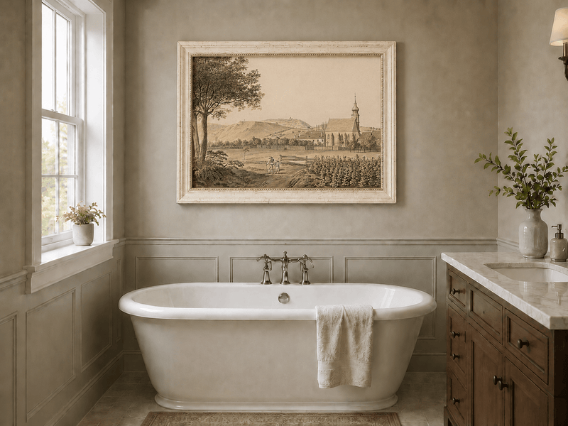 Landscape Oil Painting - Church Village and Vineyard Scene
