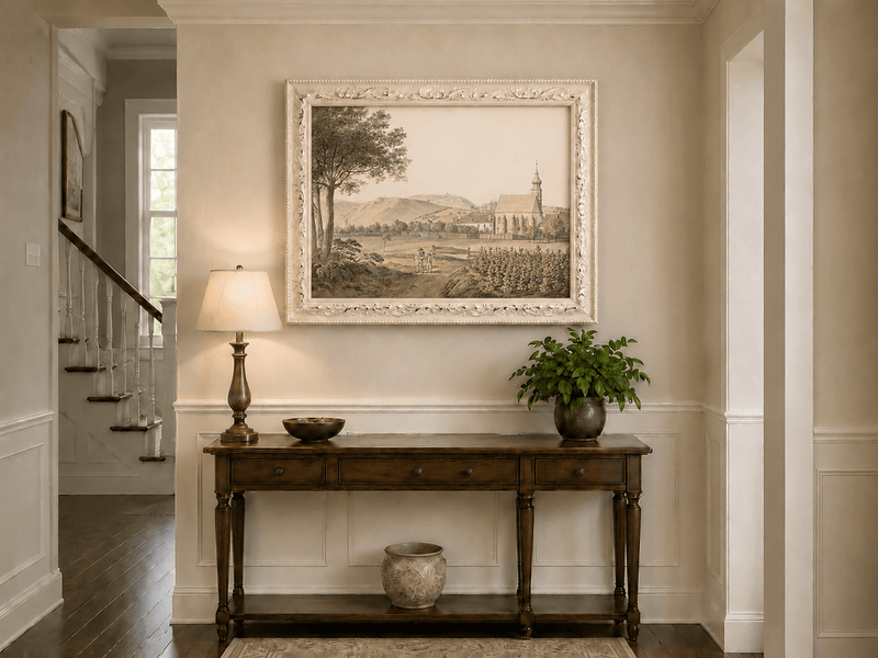 Landscape Oil Painting - Church Village and Vineyard Scene