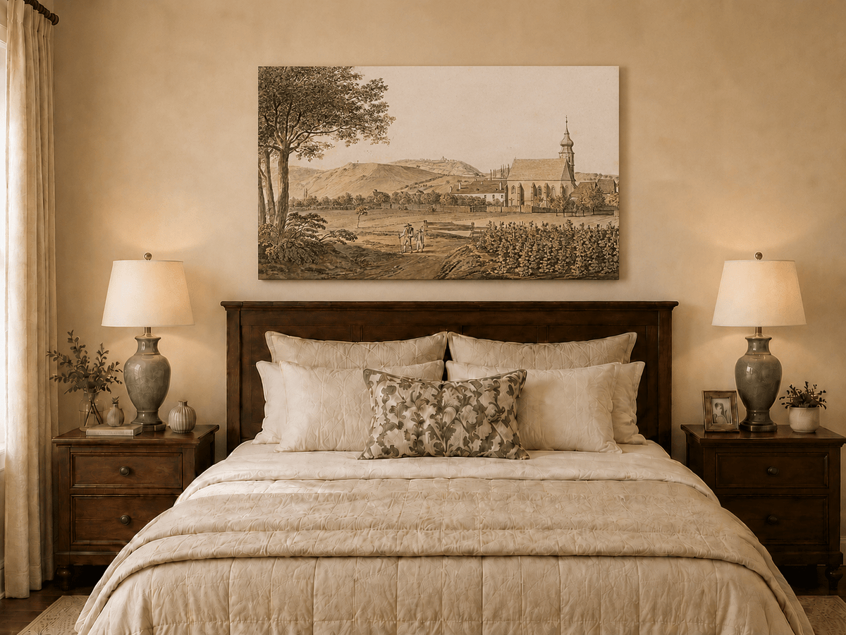 Landscape Oil Painting - Church Village and Vineyard Scene