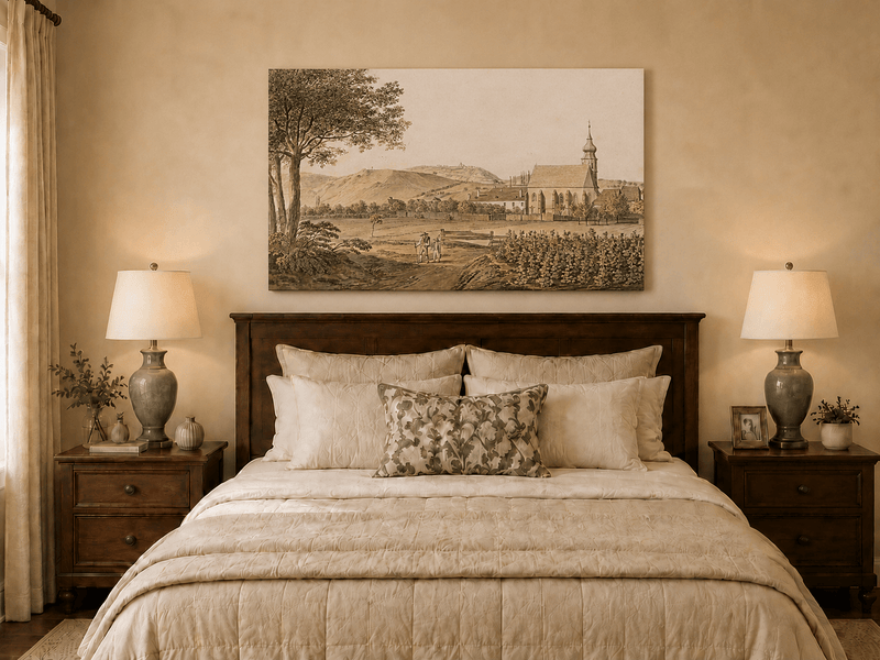 Landscape Oil Painting - Church Village and Vineyard Scene