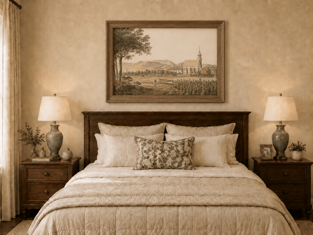 Landscape Oil Painting - Church Village and Vineyard Scene