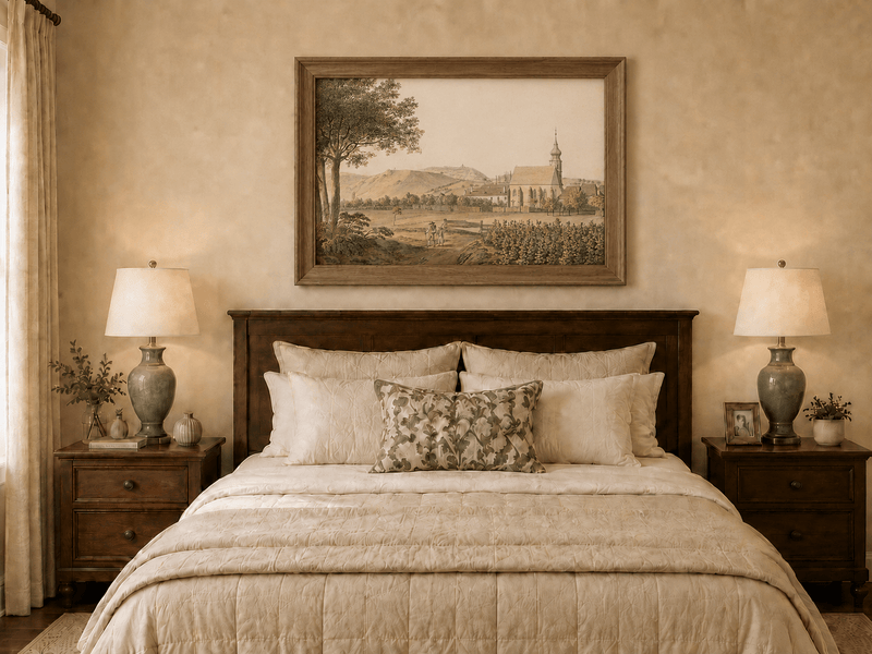 Landscape Oil Painting - Church Village and Vineyard Scene