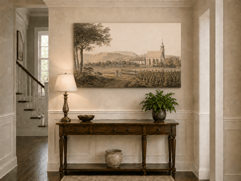 Landscape Oil Painting - Church Village and Vineyard Scene