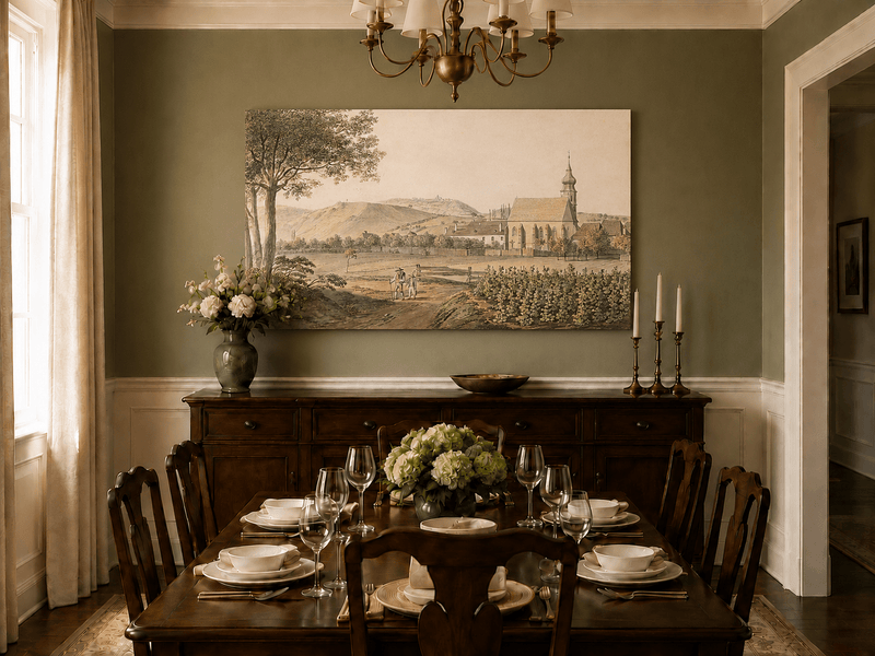 Landscape Oil Painting - Church Village and Vineyard Scene