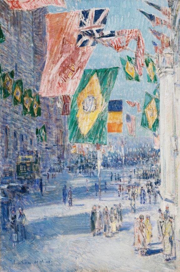 Hand-painted city street with international flags landscape oil painting on canvas